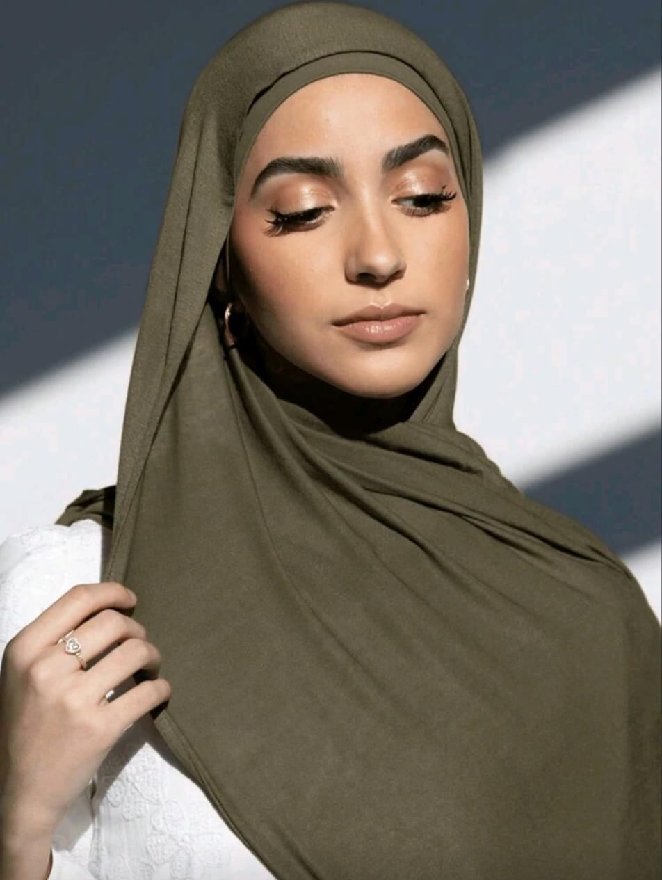 Premium Jersey Hijab Scarf, Soft Cotton Blend, Plain Olive Drab Green, Large Size
