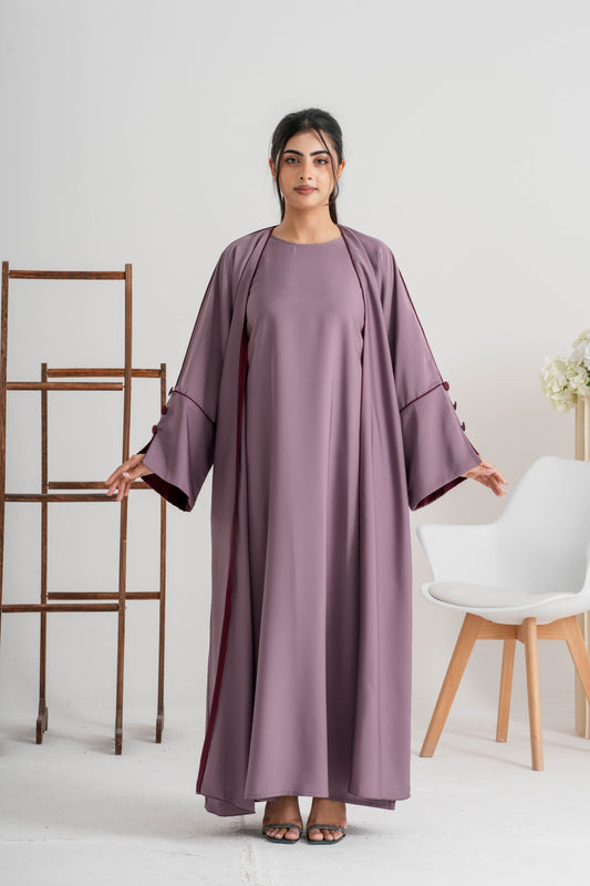 legant mauve abaya with buttoned sleeves and matching scarf by Luxiq