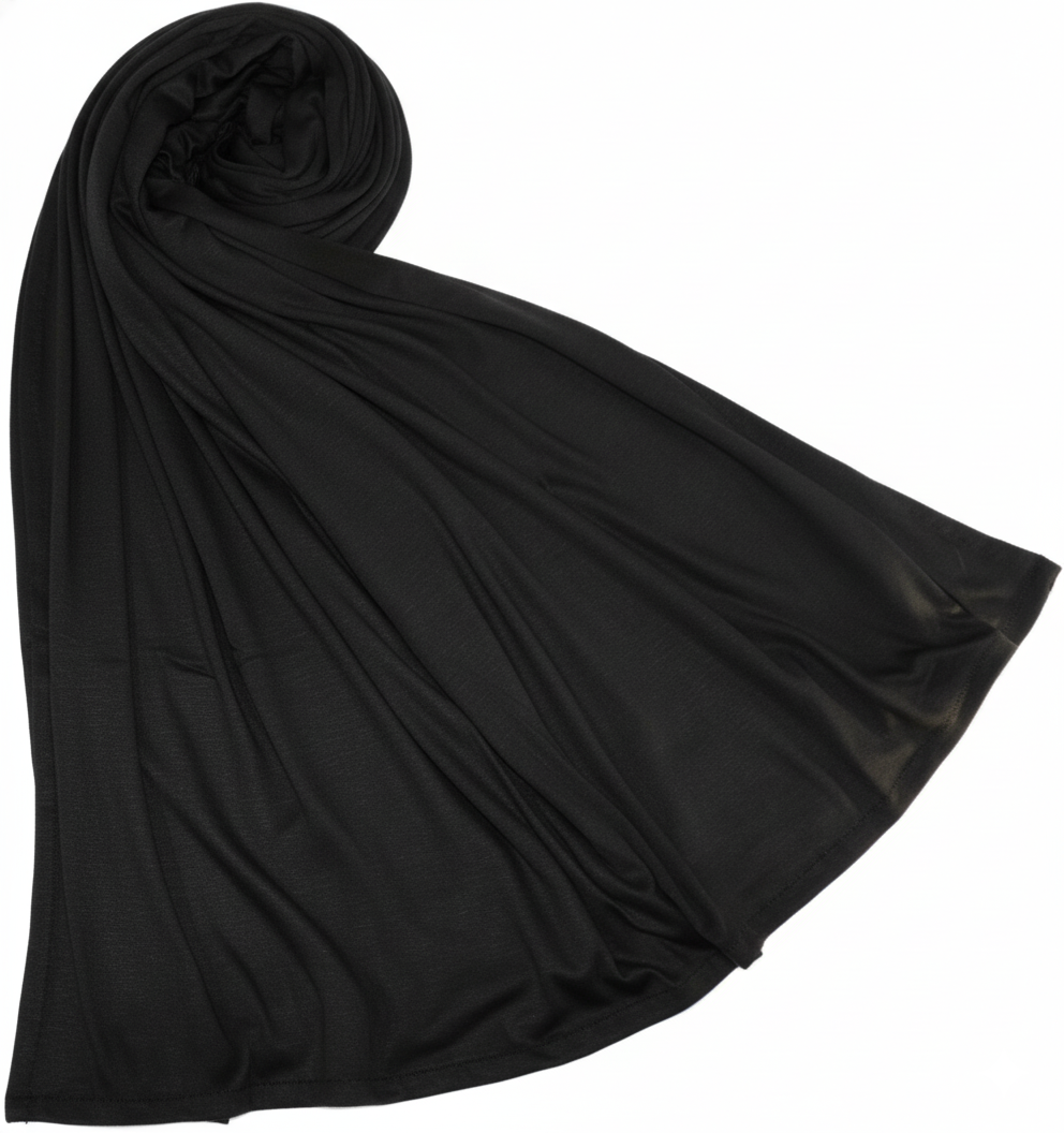 Premium Jersey Hijab Scarf, Soft Cotton Blend, Plain Black, Large Size