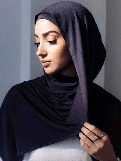 Premium Jersey Hijab Scarf, Soft Cotton Blend, Plain Blue, Large Size