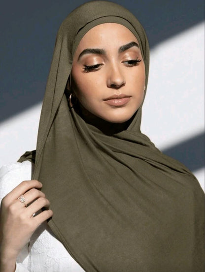 Premium Jersey Hijab Scarf, Soft Cotton Blend, Plain Olive Drab Green, Large Size