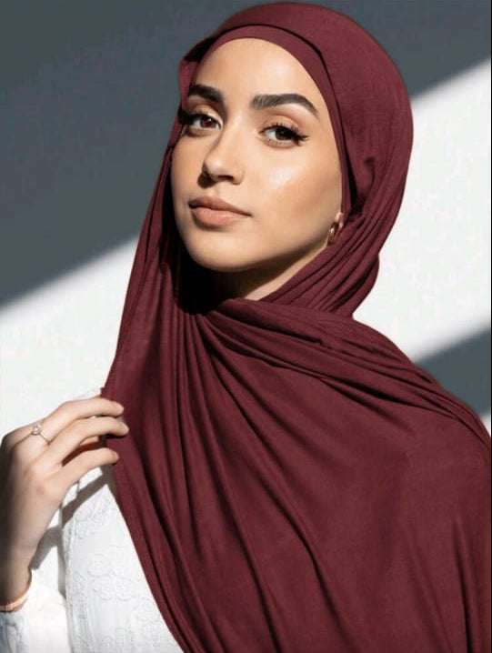 Premium Jersey Hijab Scarf, Soft Cotton Blend, Plain Burgundy, Large Size