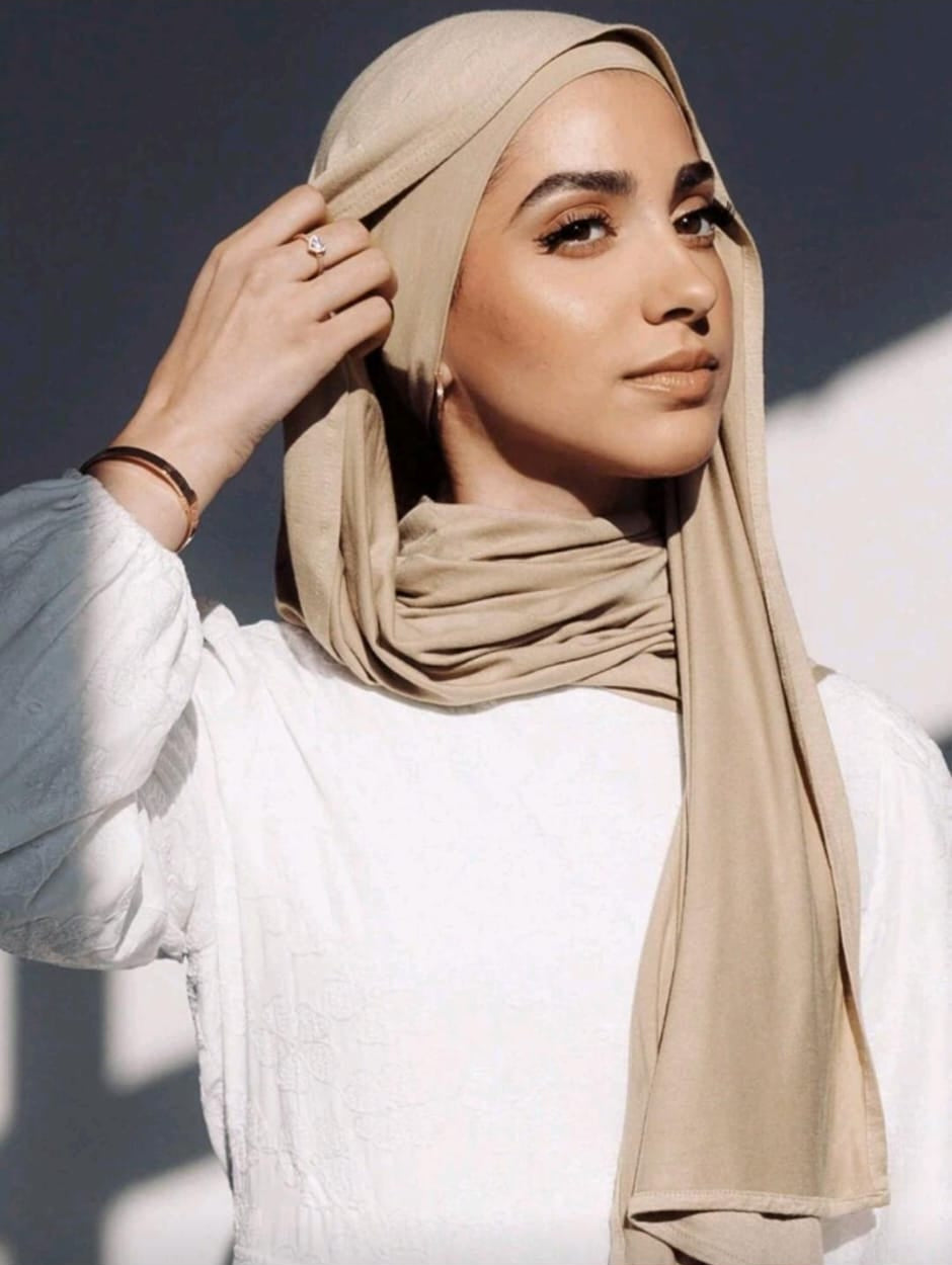 Premium Jersey Hijab Scarf, Soft Cotton Blend, Plain Beige, Large Size