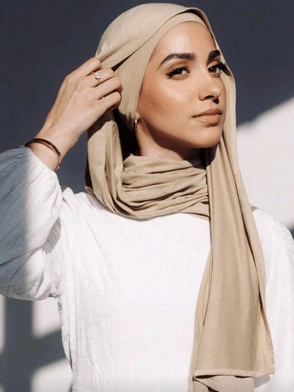 Premium Jersey Hijab Scarf, Soft Cotton Blend, Plain Beige, Large Size
