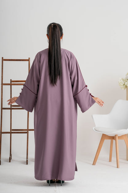 Elegant mauve abaya with buttoned sleeves and matching scarf by Luxiq