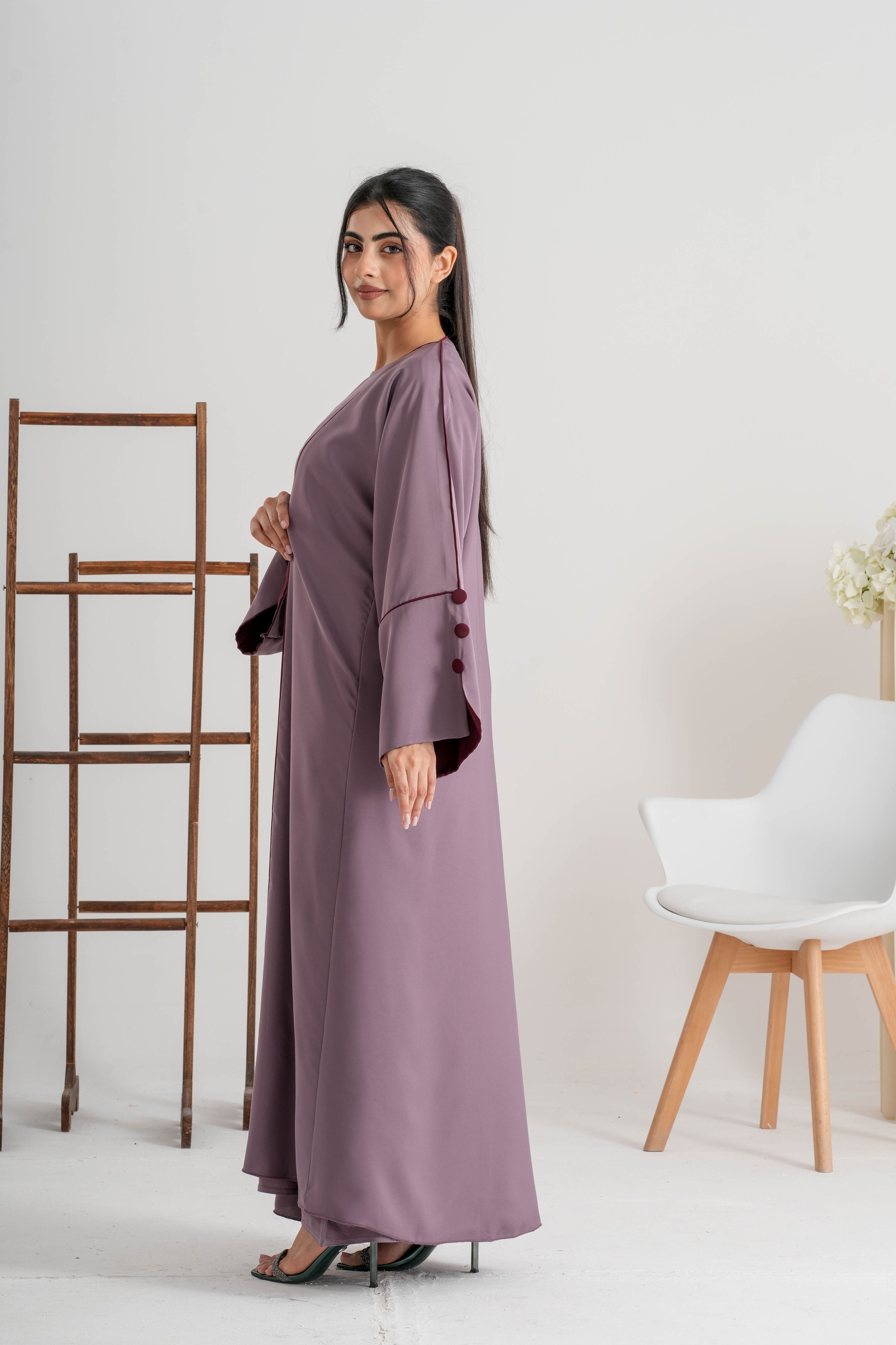Elegant mauve abaya with buttoned sleeves and matching scarf by Luxiq